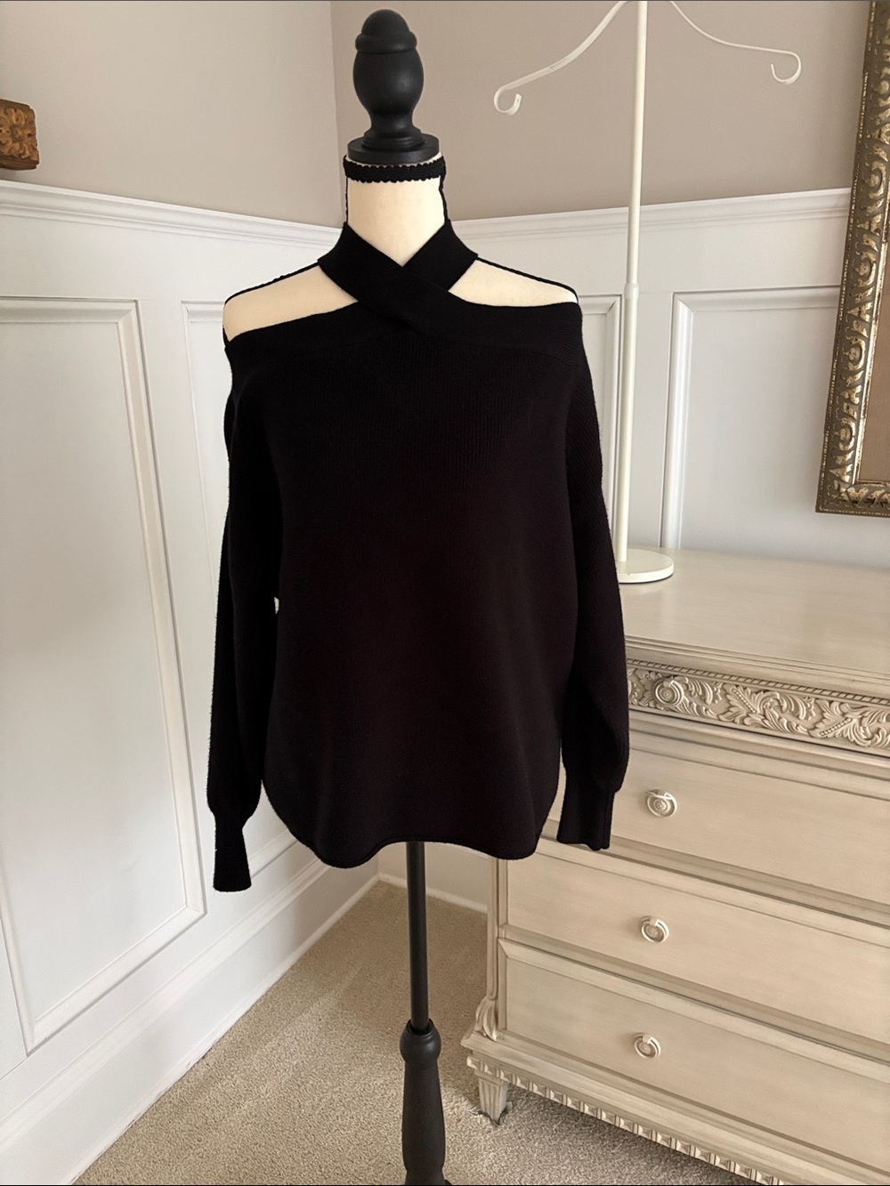 Commense Black Off-Shoulder Cross-Neck Sweater